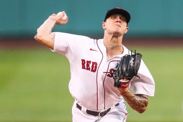 Tanner Houck of the Boston Red Sox pitches in the first inning of a game against the Minnesota Twins at Fenway Park on August 24, 2021 in Boston,...