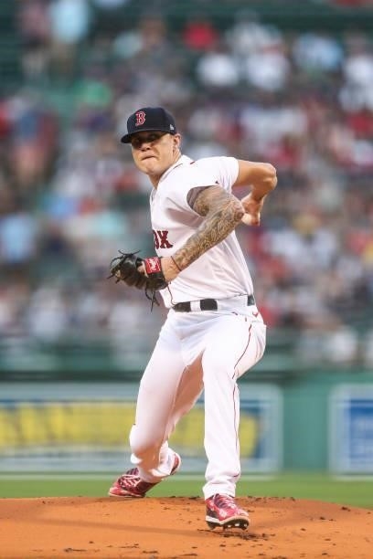 Tanner Houck of the Boston Red Sox pitches in the first inning of a game against the Minnesota Twins at Fenway Park on August 24, 2021 in Boston,...