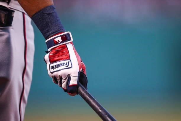 Detailed view of the Franklin batting glove on Luis Arraez of the Minnesota Twinsat Fenway Park on August 24, 2021 in Boston, Massachusetts.