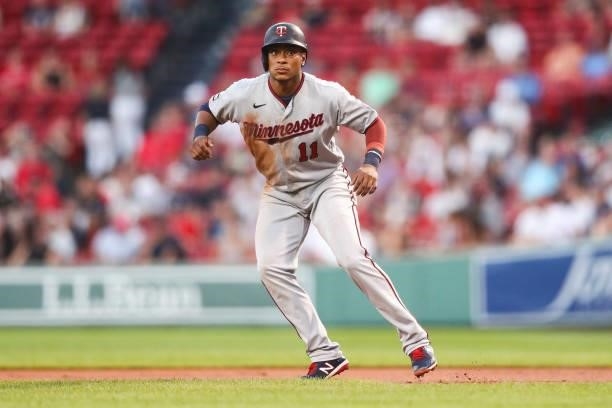 Jorge Polanco of the Minnesota Twins leads ooff of first base during a game against the Boston Red Sox at Fenway Park on August 24, 2021 in Boston,...