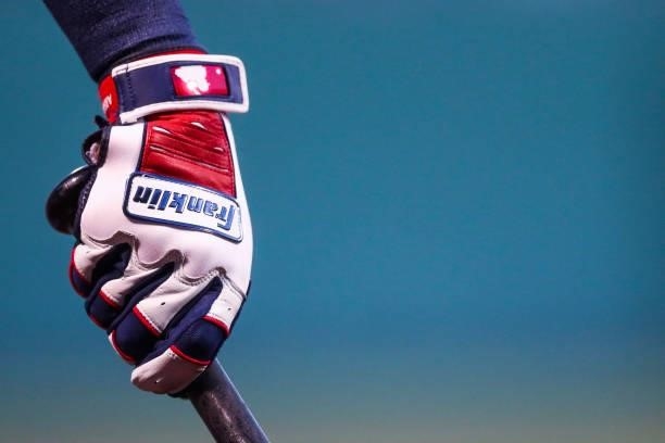 Detailed view of the Franklin batting glove on Luis Arraez of the Minnesota Twinsat Fenway Park on August 24, 2021 in Boston, Massachusetts.