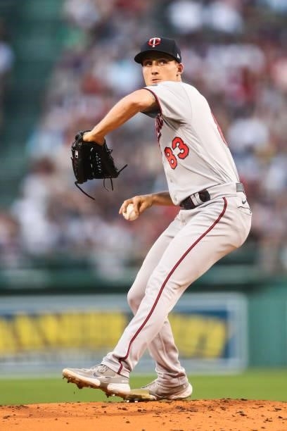 Griffin Jax of the Minnesota Twins pitches in the. First inning of a game against the Boston Red Sox at Fenway Park on August 24, 2021 in Boston,...