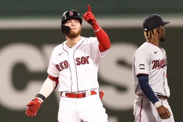 Alex Verdugo of the Boston Red Sox reacts during a game against the Minnesota Twins at Fenway Park on August 24, 2021 in Boston, Massachusetts.