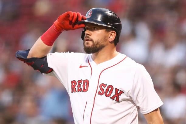 Kyle Schwarber of the Boston Red Sox looks on during a game against the Minnesota Twins at Fenway Park on August 24, 2021 in Boston, Massachusetts.