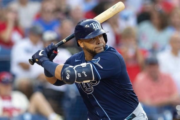 Nelson Cruz of the Tampa Bay Rays bats against the Philadelphia Phillies at Citizens Bank Park on August 24, 2021 in Philadelphia, Pennsylvania. The...