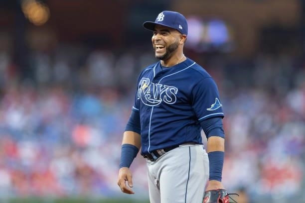 Nelson Cruz of the Tampa Bay Rays reacts against the Philadelphia Phillies at Citizens Bank Park on August 24, 2021 in Philadelphia, Pennsylvania....