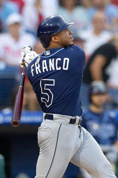 Wander Franco of the Tampa Bay Rays bats against the Philadelphia Phillies at Citizens Bank Park on August 24, 2021 in Philadelphia, Pennsylvania....
