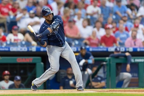 Nelson Cruz of the Tampa Bay Rays bats against the Philadelphia Phillies at Citizens Bank Park on August 24, 2021 in Philadelphia, Pennsylvania. The...