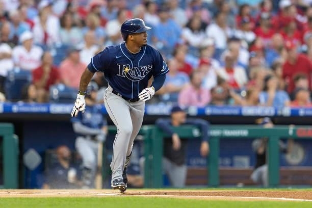 Wander Franco of the Tampa Bay Rays runs to first base against the Philadelphia Phillies at Citizens Bank Park on August 24, 2021 in Philadelphia,...