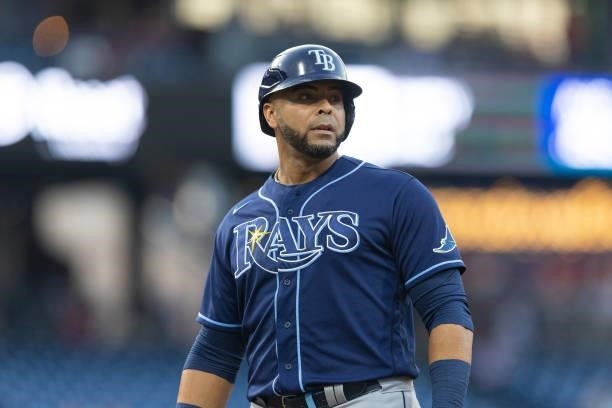 Nelson Cruz of the Tampa Bay Rays looks on against the Philadelphia Phillies at Citizens Bank Park on August 24, 2021 in Philadelphia, Pennsylvania....