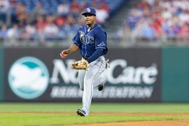 Wander Franco of the Tampa Bay Rays fields the ball against the Philadelphia Phillies at Citizens Bank Park on August 24, 2021 in Philadelphia,...