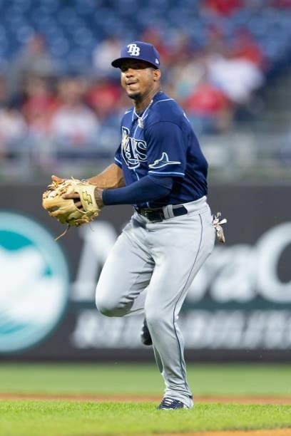Wander Franco of the Tampa Bay Rays fields the ball against the Philadelphia Phillies at Citizens Bank Park on August 24, 2021 in Philadelphia,...
