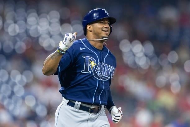 Wander Franco of the Tampa Bay Rays reacts against the Philadelphia Phillies at Citizens Bank Park on August 24, 2021 in Philadelphia, Pennsylvania....