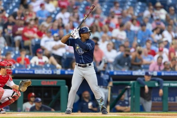 Wander Franco of the Tampa Bay Rays bats against the Philadelphia Phillies at Citizens Bank Park on August 24, 2021 in Philadelphia, Pennsylvania....