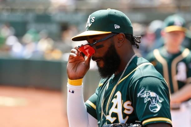 Josh Harrison of the Oakland Athletics leaves the dugout before the game against the Seattle Mariners at RingCentral Coliseum on August 24, 2021 in...