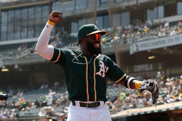 Josh Harrison of the Oakland Athletics leaves the dugout before the game against the Seattle Mariners at RingCentral Coliseum on August 24, 2021 in...
