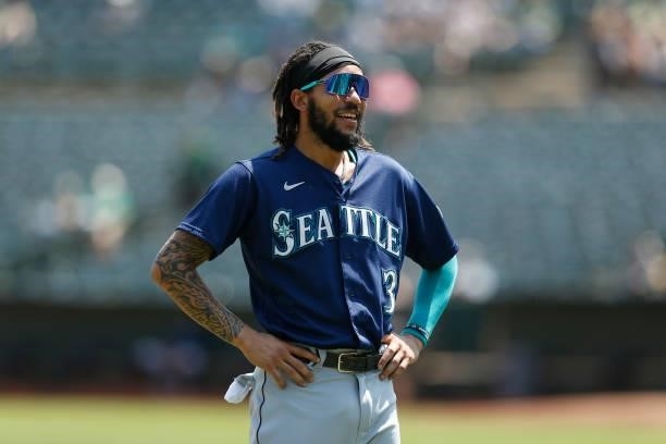 Crawford of the Seattle Mariners looks on during the game against the Oakland Athletics at RingCentral Coliseum on August 24, 2021 in Oakland,...