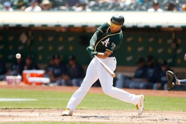 Matt Olson of the Oakland Athletics at bat against the Seattle Mariners at RingCentral Coliseum on August 24, 2021 in Oakland, California.