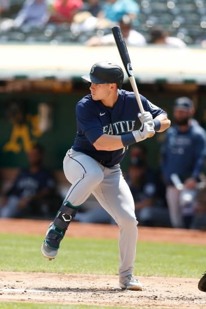 Jarred Kelenic of the Seattle Mariners at bat against the Oakland Athletics at RingCentral Coliseum on August 24, 2021 in Oakland, California.