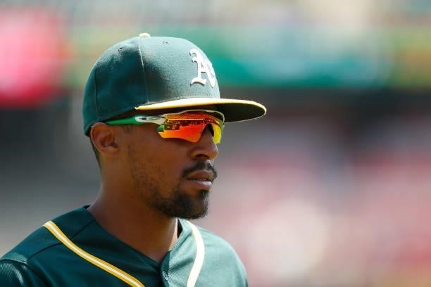 Tony Kemp of the Oakland Athletics looks on between innings against the Seattle Mariners at RingCentral Coliseum on August 24, 2021 in Oakland,...