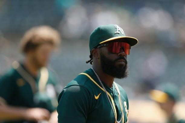 Josh Harrison of the Oakland Athletics looks on during the game against the Seattle Mariners at RingCentral Coliseum on August 24, 2021 in Oakland,...