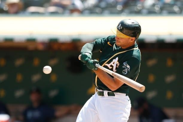 Matt Olson of the Oakland Athletics at bat against the Seattle Mariners at RingCentral Coliseum on August 24, 2021 in Oakland, California.