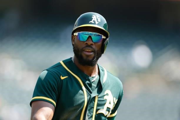 Josh Harrison of the Oakland Athletics looks on during the game against the Seattle Mariners at RingCentral Coliseum on August 24, 2021 in Oakland,...