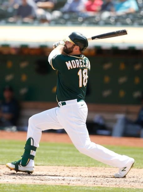 Mitch Moreland of the Oakland Athletics at bat against the Seattle Mariners at RingCentral Coliseum on August 24, 2021 in Oakland, California.
