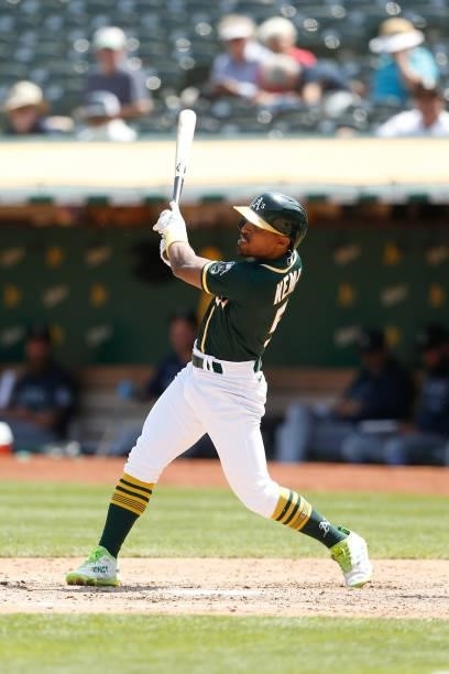 Tony Kemp of the Oakland Athletics at bat against the Seattle Mariners at RingCentral Coliseum on August 24, 2021 in Oakland, California.