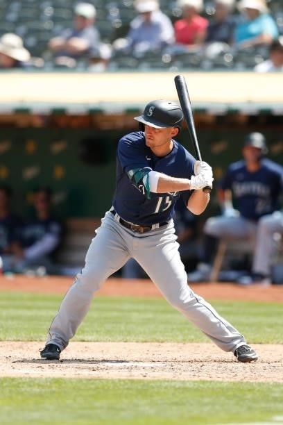 Kyle Seager of the Seattle Mariners at bat against the Oakland Athletics at RingCentral Coliseum on August 24, 2021 in Oakland, California.