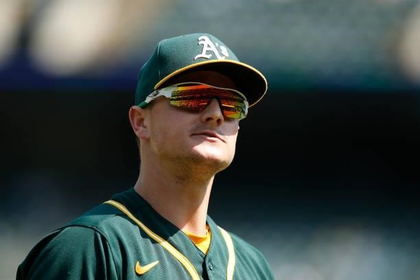 Matt Chapman of the Oakland Athletics looks on during the game against the Seattle Mariners at RingCentral Coliseum on August 24, 2021 in Oakland,...