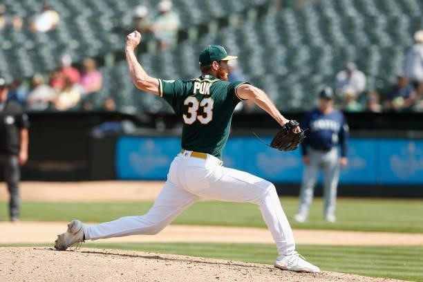 Puk of the Oakland Athletics pitches against the Seattle Mariners at RingCentral Coliseum on August 24, 2021 in Oakland, California.