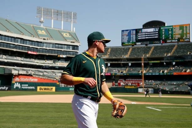 Third baseman Matt Chapman of the Oakland Athletics looks on after catching a pop-up in foul territory by Kyle Seager of the Seattle Mariners in the...
