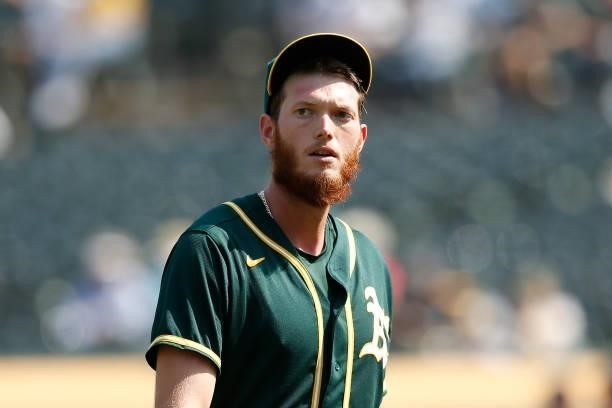 Relief pitcher A.J. Puk of the Oakland Athletics looks on during the game against the Seattle Mariners at RingCentral Coliseum on August 24, 2021 in...