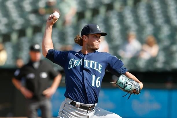 Drew Steckenrider of the Seattle Mariners pitches against the Oakland Athletics at RingCentral Coliseum on August 24, 2021 in Oakland, California.