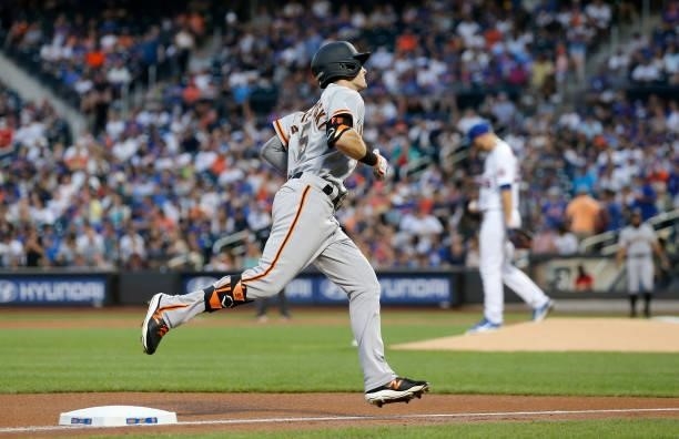 Mike Yastrzemski of the San Francisco Giants runs the bases after his second inning two run home run against Tylor Megill of the New York Mets at...