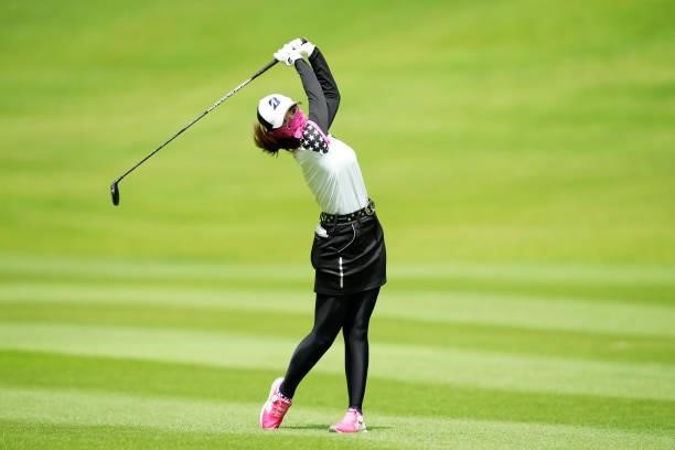Miyari Honda of Japan hits her second shot on the 18th hole during the first round of the San-In Goen Musubi Ladies at Daisenheigen Golf Club on...