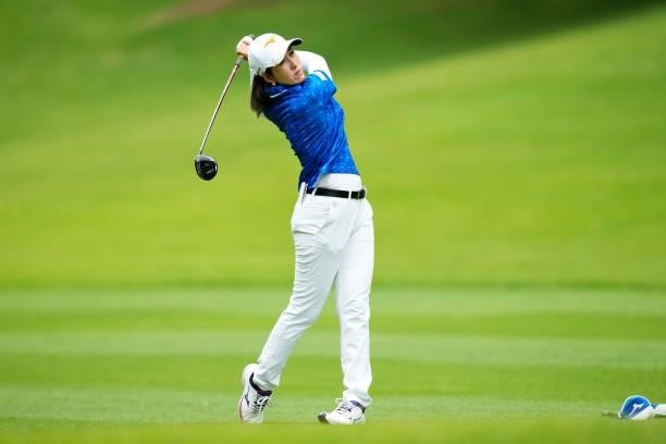 Keiko Kubo of Japan hits her second shot on the 18th hole during the first round of the San-In Goen Musubi Ladies at Daisenheigen Golf Club on August...