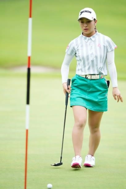 Minori Hashizoe of Japan putts on the 18th green during the first round of the San-In Goen Musubi Ladies at Daisenheigen Golf Club on August 25, 2021...