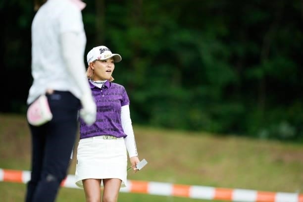 Momoka Miyake of Japan celebrates after her putt on the ninth green during the first round of the San-In Goen Musubi Ladies at Daisenheigen Golf Club...