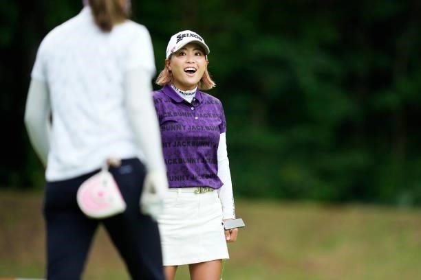Momoka Miyake of Japan celebrates after her putt on the ninth green during the first round of the San-In Goen Musubi Ladies at Daisenheigen Golf Club...
