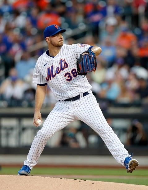Tylor Megill of the New York Mets in action against the San Francisco Giants at Citi Field on August 24, 2021 in New York City. The Giants defeated...
