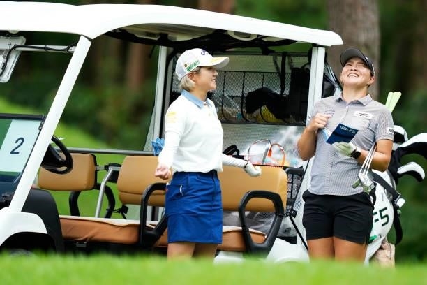 Keiko Yamamoto and Airi Kameda of Japan talk on the 16th hole during the first round of the San-In Goen Musubi Ladies at Daisenheigen Golf Club on...