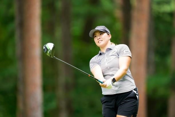 Keiko Yamamoto of Japan plays her tee shot on the 16th hole during the first round of the San-In Goen Musubi Ladies at Daisenheigen Golf Club on...