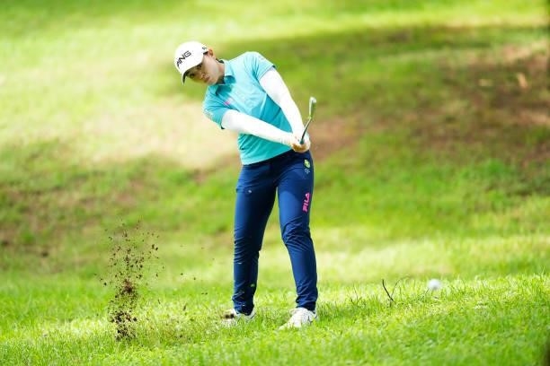 Himawari Ogura of Japan hits her second shot on the 18th hole during the first round of the San-In Goen Musubi Ladies at Daisenheigen Golf Club on...