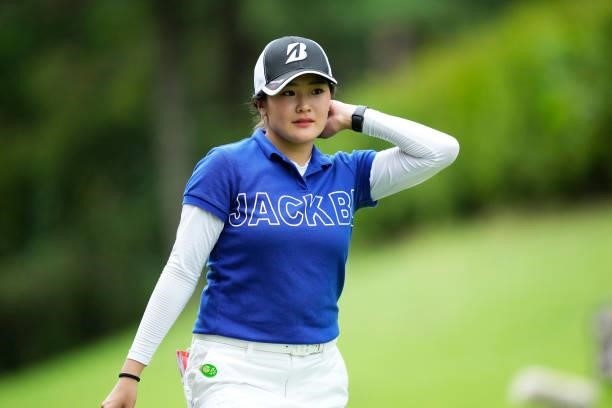Shiho Kuwaki of Japan walks off the 18th hole during the first round of the San-In Goen Musubi Ladies at Daisenheigen Golf Club on August 25, 2021 in...