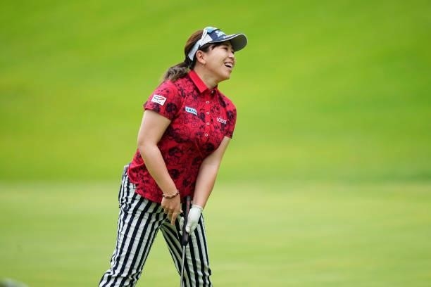 Yumiko Yoshida of Japan reacts after her putt on the 18th hole during the first round of the San-In Goen Musubi Ladies at Daisenheigen Golf Club on...