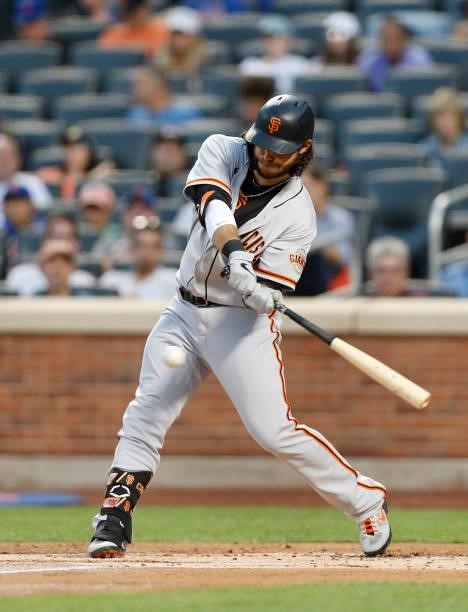 Brandon Crawford of the San Francisco Giants in action against the New York Mets at Citi Field on August 24, 2021 in New York City. The Giants...