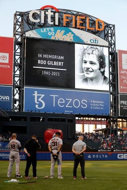 Moment of silence is observed for former New York Ranger and hockey Hall of Famer Rod Gilbert prior to a game between the New York Mets and the San...