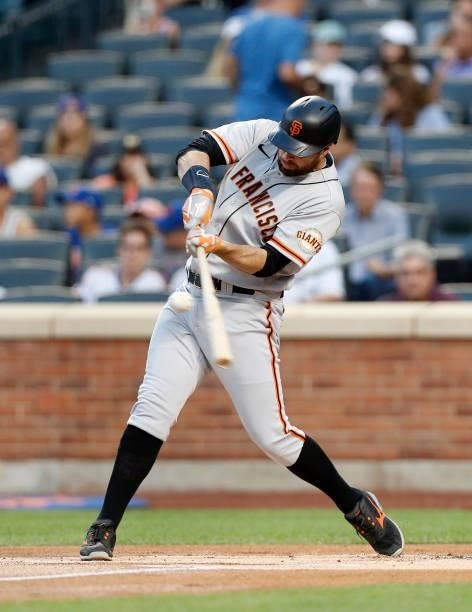 Brandon Belt of the San Francisco Giants in action against the New York Mets at Citi Field on August 24, 2021 in New York City. The Giants defeated...